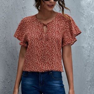 Tie Neck Flutter Sleeve Ditsy Floral Top